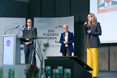 Eröffnung des Zukunftsforums mit Joachim Haindl-Grutsch, Doris Hummer und Margarete Schramböck (v. l.)